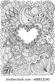 Line art design of flowers around heart shape with copy space. Vector illustration.