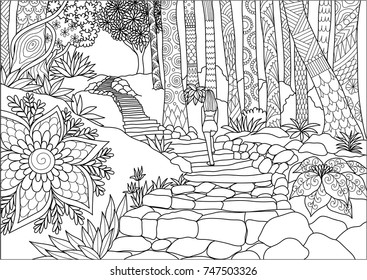 Line art design of girl step up stairs in the jungle for coloring book page and illustration.Stock Vector