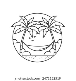 Line art design of hammock and two palm trees, simple outline design summer concept