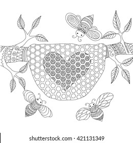 Line art design of honey bees flying around beehive for coring book for adult, wedding card design element