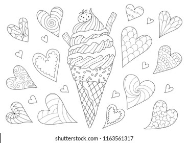 Line art design of ice cream cone for design element and coloring book page. Vector illustration