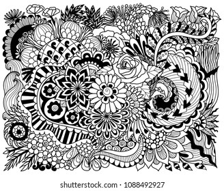 Line art design of intricate florals for background and coloring book page for adult.Vector illustration
