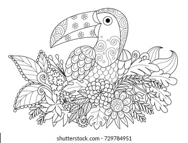 Line art design of  keel-billed toucan bird bird sitting on flowers for adult coloring book page.