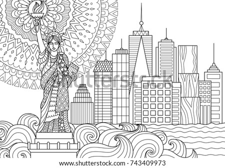 Line art design of Liberty statue for design element and adult coloring book page. Vector illustration.