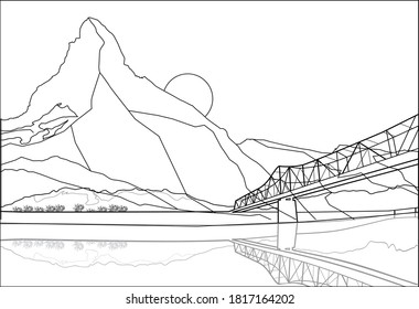 Line art design of long bridge cross over the sea and mountain