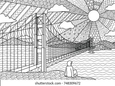 Line art design of long bridge cross over the sea for illustration and coloring book page. Stock Vector
