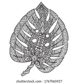 Line art design of Monstera leaf for adult coloring book, coloring page, print on product ,engraving on wood and so on. Vector illustration