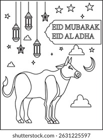 Line art design mosque, goat,Cow and arabian lettering eid al adha vector.Coloring Pagae For Kids And Adults.