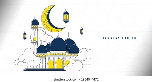 line art design of Mosque, moon, and lantern vector illustration. Ramadan Kareem design. good template design for ramadan or eid design.