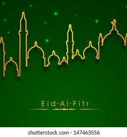 Line Art Design der Moschee auf grünem Hintergrund für das muslimische Community Festival Eid Al Fitr (EId Mubarak).