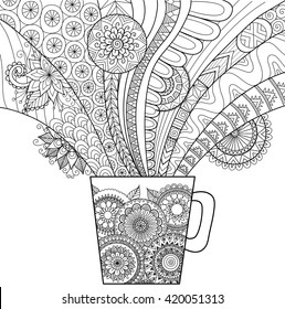 Line art design of a mug of hot drink for coloring book for adult and other decorations