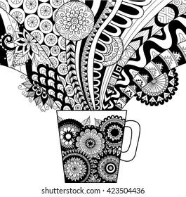 Line art design of a mug of hot drink for coloring book for adult and other decorations