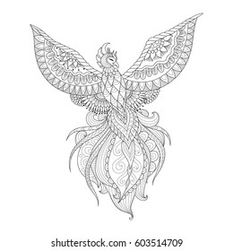 Line art design of Phoenix bird for T - shirt design , tattoo, coloring book page and other design element. Stock Vector