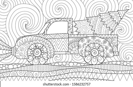 Line art design of pickup truck with christmas tree for adult coloring book,coloring page and other design element. Vector illustration