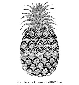 Line art design of pineapple for coloring book for adult, logo, t shirt design, flyer, tattoo and so on