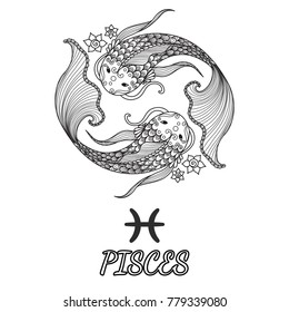 Line Art Design von Pisces zodiac Zeichen für Design Element und Erwachsenenfarben Buchseite. Vektorillustration