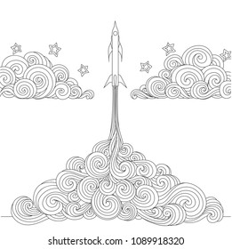 Line art design of a Rocket launching for design element and coloring book page. Vector illustration