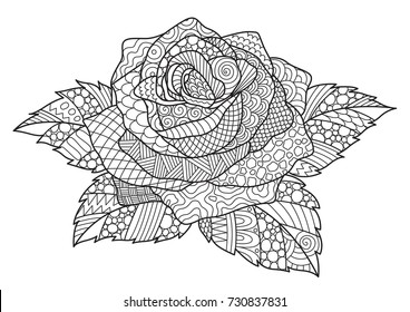 Line art design of rose for design element and adult coloring book page. Vector illustration