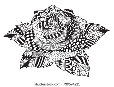 Line art design of rose for design element and adult coloring book page. Vector illustration