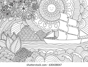 Line art design of seascape for adult or kids coloring book page. Vector illustration.