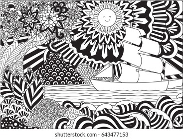 Line art design of seascape for adult or kids coloring book page. Vector illustration.