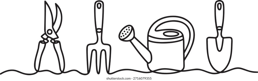 Projeto de arte de linha apresentando equipamentos essenciais de horticultura. Conjunto de ferramentas para manutenção de jardim quintal. Os itens incluem regar pode tesouras de garfo de jardim e pá de pá de pá contínua ilustração de linha única para a natureza e temas ao ar livre.