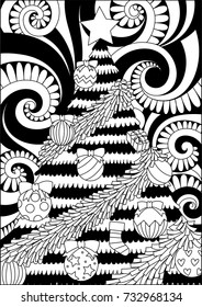 Line art design of storm scrolling and Christmas tree for print design and adult coloring book page. Vector illustration