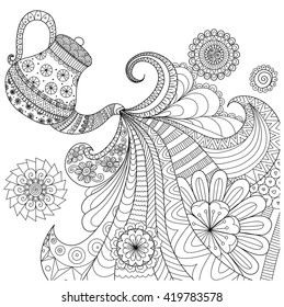 Line art design of teapot pouring tea for coloring book for adult and other decorations