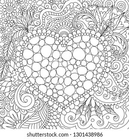 Line art design of tones arrange in hearted shape and surrounded by beautiful flowers and leaf for card, print on product,background and coloring book page for adult. Vector illustrations