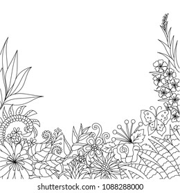 Line art design of tropical flowers and leaves with copy space for design element and coloring book page. Vector illustration