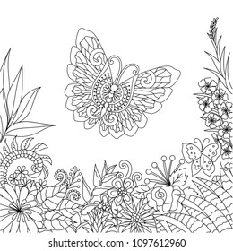 Line art design of tropical flowers and leaves with butterfly for design element and coloring book page. Vector illustration