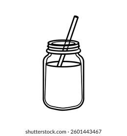 Line art design vector illustration of a glass jar with a straw poking out from the top