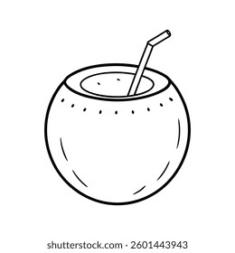 Line art design vector illustration of a coconut with a straw poking out from a small hole