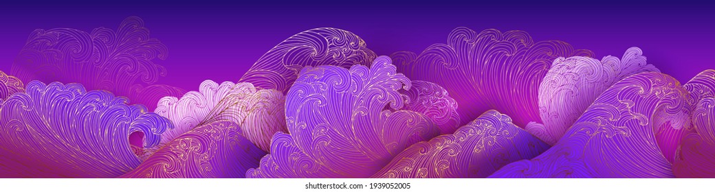 Line art design of waves, montain, modern hand-drawn vector background, gold ink pattern. Minimalist Asian style.
