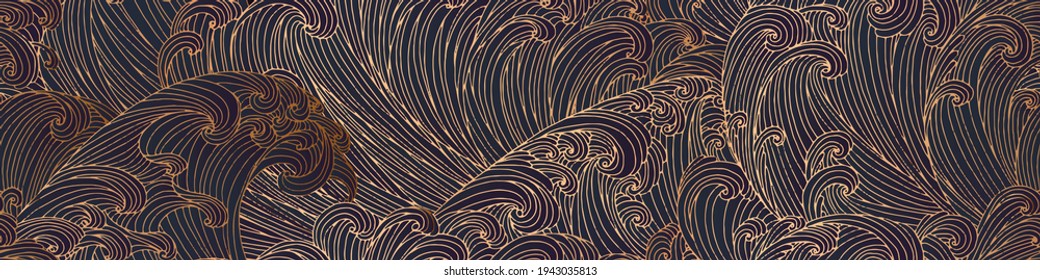 Line art design of waves, montain, modern hand-drawn vector background, gold ink pattern. Minimalist Asian style.