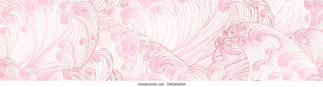 Line art design of waves, montain, modern hand-drawn vector background, gold ink pattern. Minimalist Asian style.