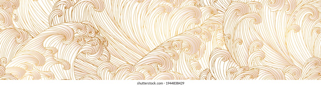 Line art design of waves, montain, modern hand-drawn vector background, gold ink pattern. Minimalist Asian style.