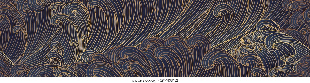 Line art design of waves, montain, modern hand-drawn vector background, gold ink pattern. Minimalist Asian style.