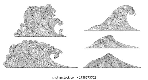 Line art design of waves, mountain, modern hand-drawn vector background, black ink pattern, isolated on white. Minimalist Asian style.