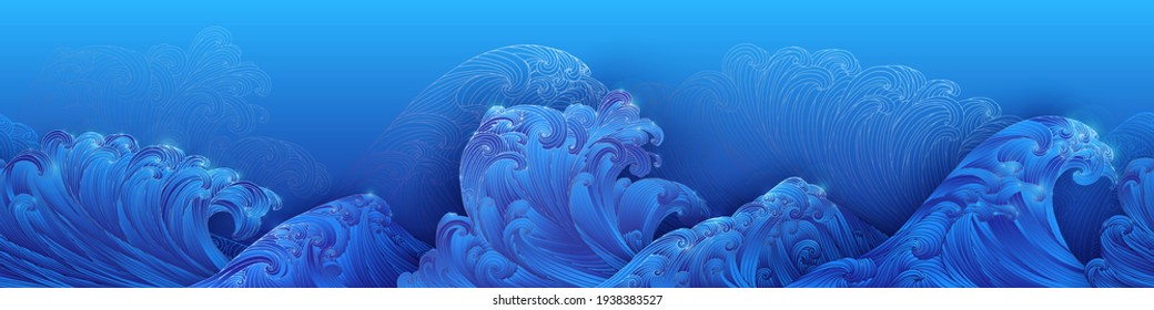 Line art design of waves, mountain, modern hand-drawn vector background, gold ink pattern. Minimalist Asian style.