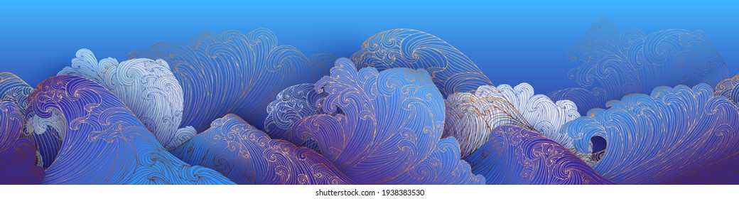 Line art design of waves, mountain, modern hand-drawn vector background, gold ink pattern. Minimalist Asian style.