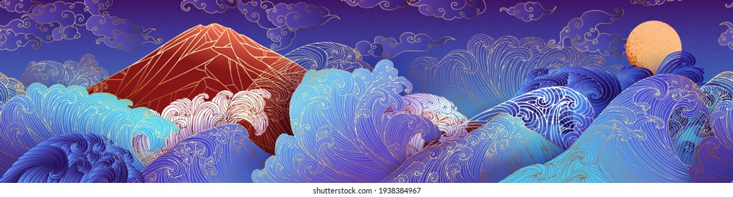 Line art design of waves, mountain, modern hand-drawn vector background, gold ink pattern. Minimalist Asian style.