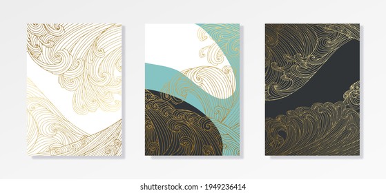 Diseño de líneas artísticas de olas, montaña, fondo vectorial moderno dibujado a mano, patrón de tinta dorada. Estilo asiático minimalista.