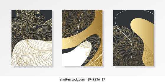 Diseño de líneas artísticas de olas, montaña, fondo vectorial moderno dibujado a mano, patrón de tinta dorada. Estilo asiático minimalista.