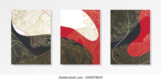 Line art design of waves, mountain, modern hand-drawn vector background, gold ink pattern. Minimalist Asian style.