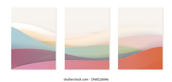 Line art design of waves, mountain, modern hand-drawn vector background, ink pattern. Minimalist Asian style, vector geometric oriental illustration.