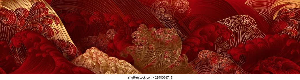 Line Art Design der Wellen, Berg, moderne, handgezeichnete Vektorhintergrund, goldenes Farbmuster. Minimalistischer asiatischer Stil.