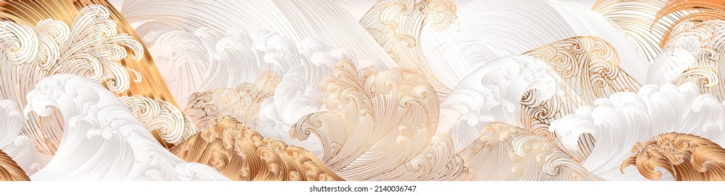 Line art design of waves, mountain, modern hand-drawn vector background, gold ink pattern. Minimalist Asian style.