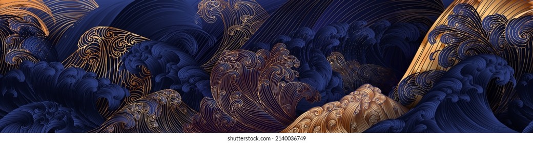 Line art design of waves, mountain, modern hand-drawn vector background, gold ink pattern. Minimalist Asian style.