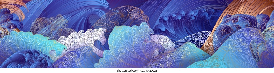 Line art design of waves, mountain, modern hand-drawn vector background, gold ink pattern. Minimalist Asian style.